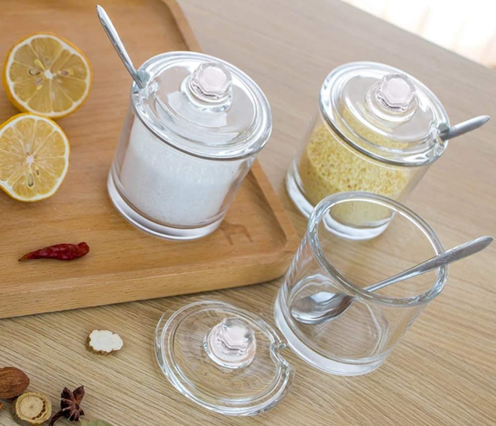 Zuckerdose aus Glas, Gewürzdose, Gewürztöpfe mit Deckel, Löffel