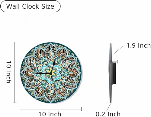 Miniatura 5 de Reloj de pared floral de mandala redondo de 10 pulgadas, funciona con pilas, estilo étnico en colores turquesa, amarillo y marrón, sin marco,