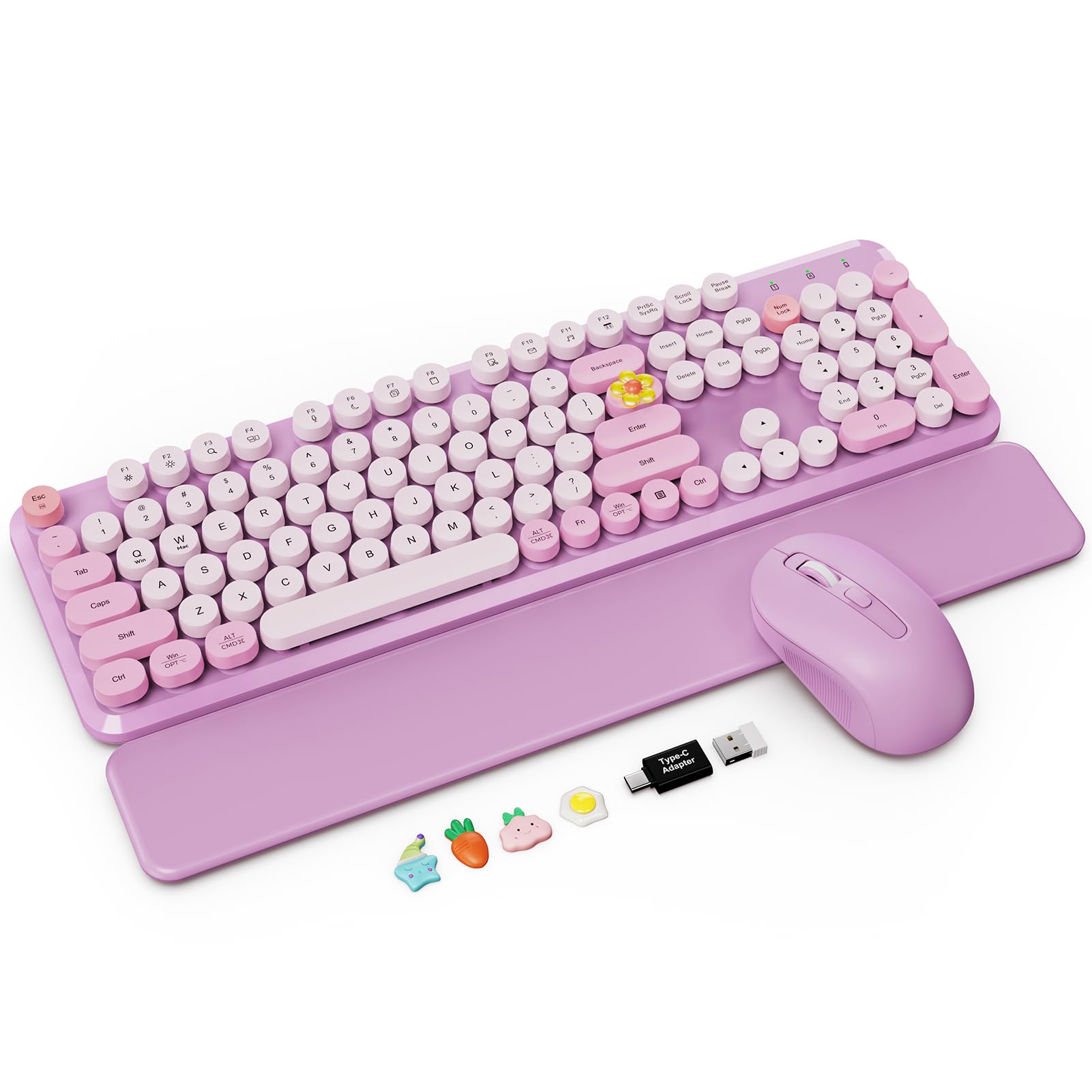 Wireless Keyboard Mouse Combo, Purple, Round Keycaps, Magnetic Wrist Rest