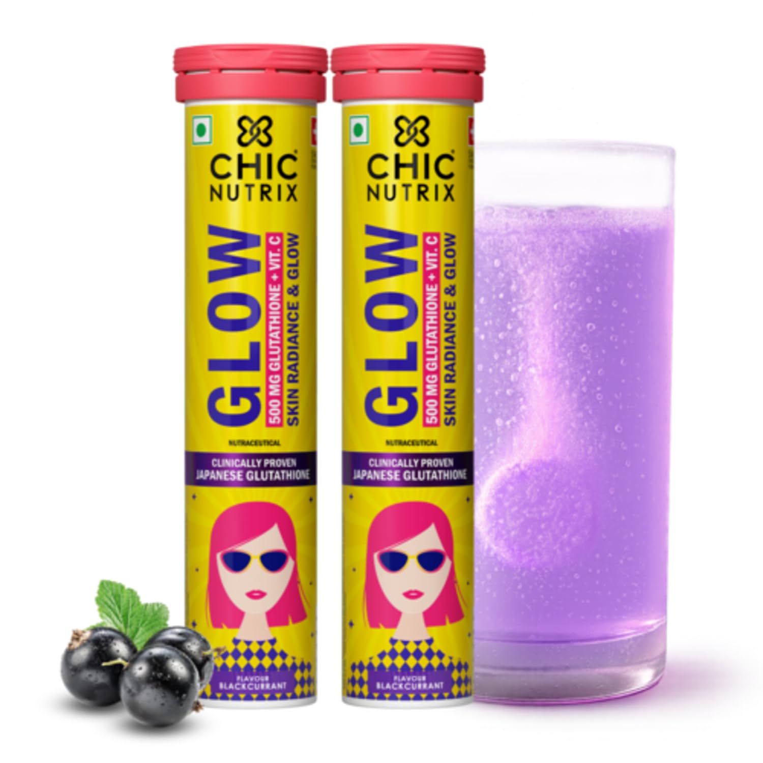 Chicnutrix Glow Glutathione Effervescent Tablets with Vitamin C |Japanese Glutathione 1000mg For Radiant, Even-Toned and Glowing Skin | Sugar-Free| Blackcurrant Flavour | 20 Tablets (Pack of 2)
