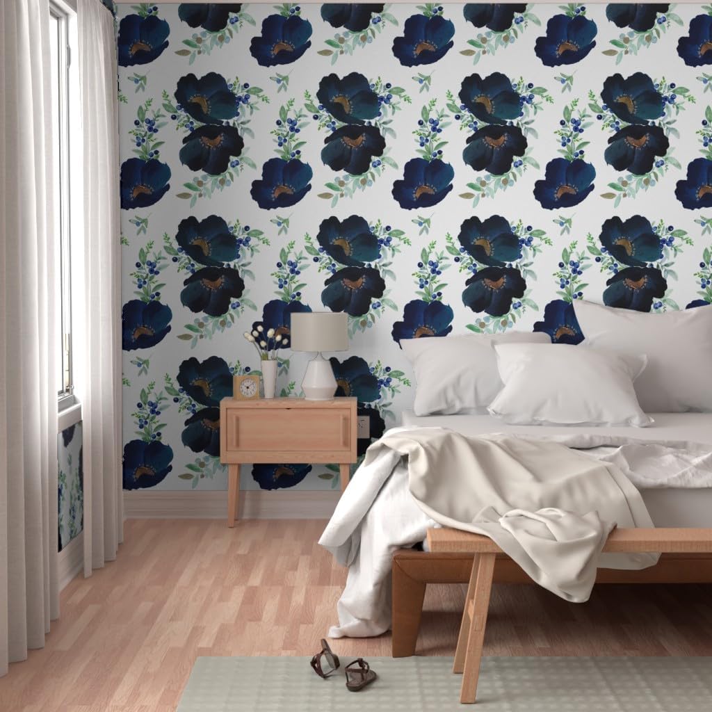 Peel & Stick Wallpaper 9ft x 2ft - Blueberry Blue Purple Gold Floral Flowers Large Print Decor Wedding Custom Removable Wallpaper by Spoonflower