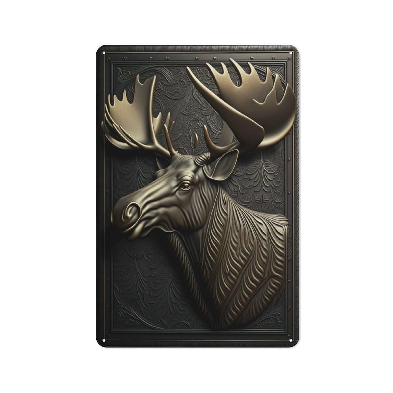 Junmoney Style-9 Moose Gold Relief Deco Workshop Style Metal Wall Decor 30X20cm, Decorative Metal Plaque For Garage, Hobby Room, Office Or Man Cave