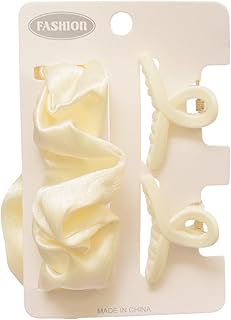 Daphane Hair Claw Clips With Hair Scrunchies For Girls Set, 3 Pieces - Offwhite