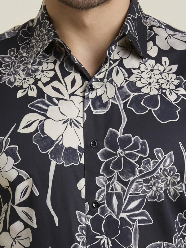 Image of MARK & ALBERT Men's Printed Full Sleeves Regular Fit Shirt Blue | 100% Cotton Stretchable Fabric