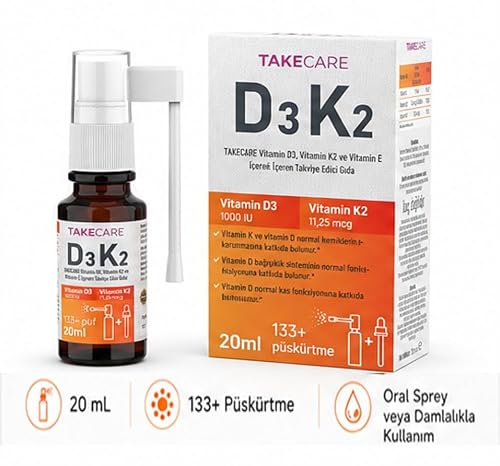 TAKECARE Vitamin D3, Vitamin K2 ve Vitamin E İçeren Takviye Edici Gıda 20ml Sprey ve Damlalıklı