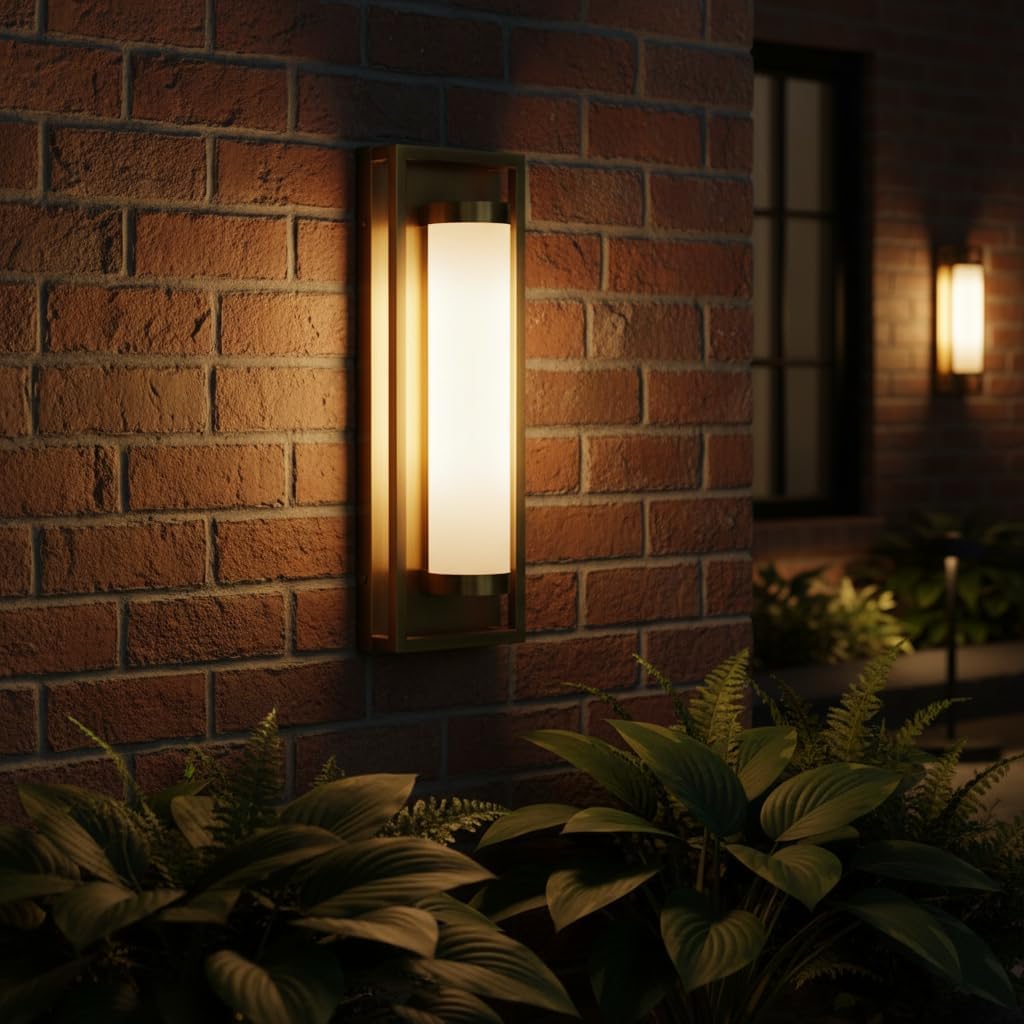 Hyunbae Outdoor Wall Sconce, Mid Century Modern Outdoor Wall Light Fixtures, 15W Dimmable LED Exterior Lights for House Patio Porch Garage Entryway Doorway, Brass, 3000K