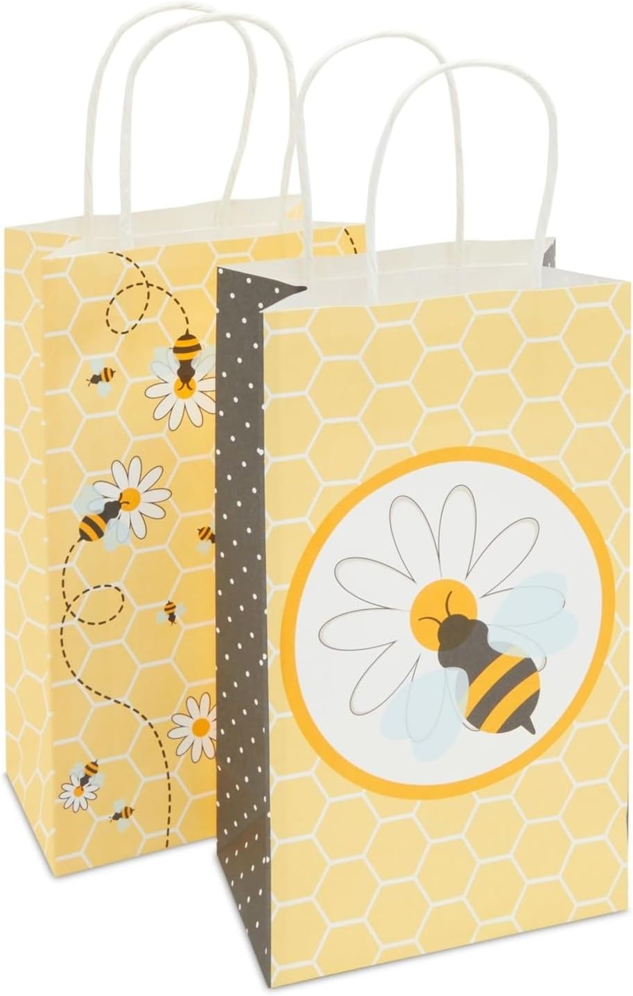 BLUE PANDA Bumble Bee Party Paper Gift Bags - 5.3 x 9 x 3.1 In, 48 Pack, Yellow - Gift Bags with Handles for Bee Party & Baby Shower Favors - Kraft Paper Honeycomb Floral Design