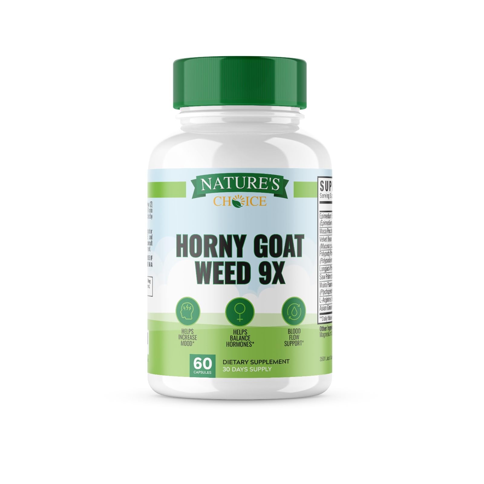 Nature's Choice - Horny Goat Weed 9x Active Ingredients for Blood Flow, Hormone Balance, Energy & Stamina - L-Arginine, Longjack, Saw Palmetto + 6 More Ingredients - 3rd Party Tested - 60 Capsules