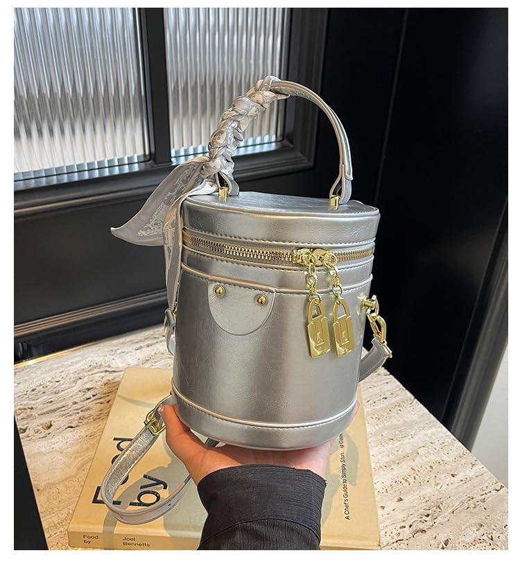 Cylinder Crossbody Bucket Bag for Women Vegan Leather Retro Handbag Small Top Handle Casual Purses Shoulder4