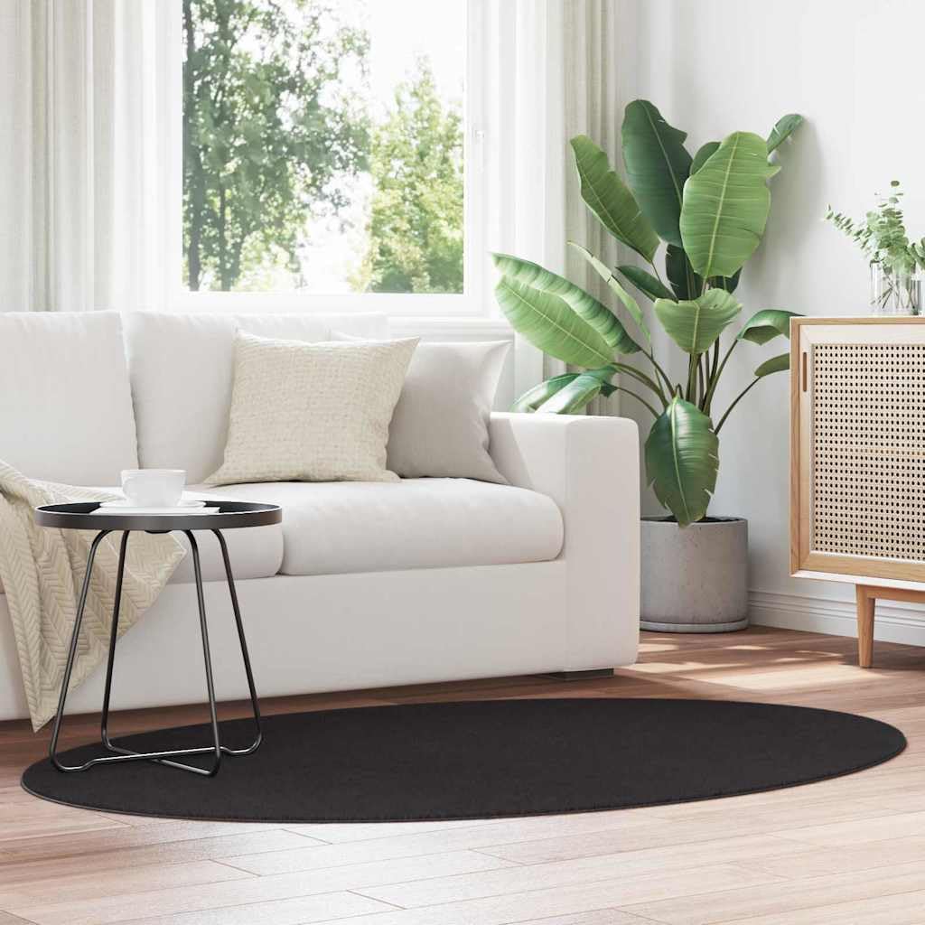 HUARTE Tapis ovale de salon, noir, en polyester, antidérapant, pour couloir et salon, lavable en machine et pliable, 120 x 170 cm