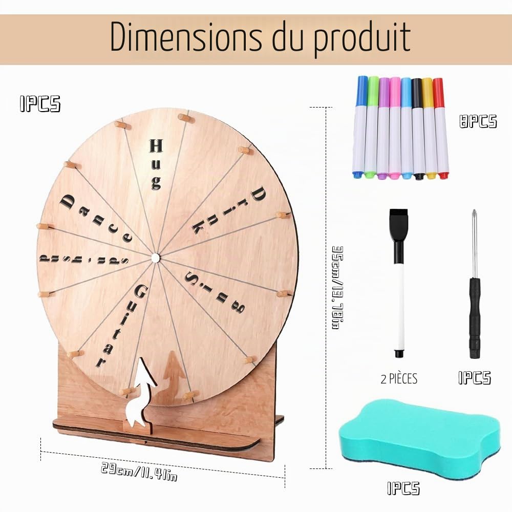 Roue de la fortune à faire pivoter, 30 cm, grande roue porte-bonheur, 12 inscriptions, avec gomme et 10 marqueurs, roue porte-bonheur à personnaliser, roue de la fortune pour jeux de mots, fête