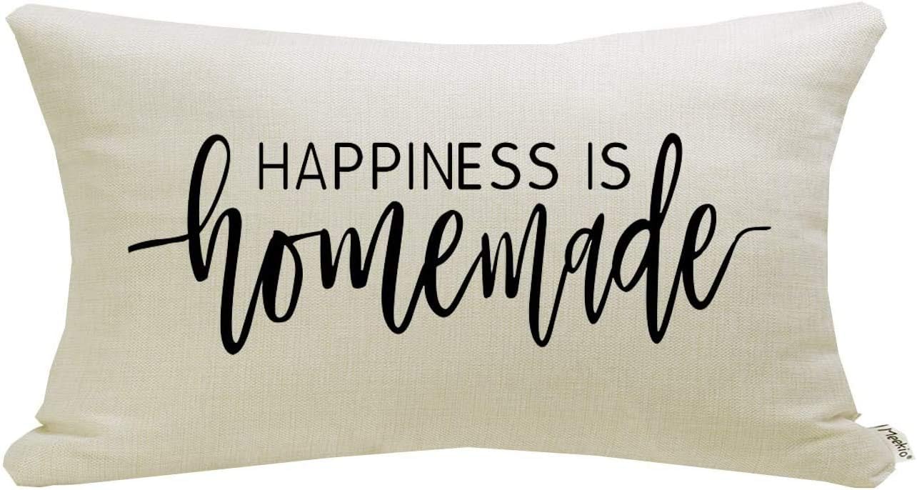 Meekio Farmhouse Pillow Covers with Happiness is Homemade Quote 12" x 20"Farmhouse Rustic Décor Lumbar Pillow Covers with Saying Housewarming Gifts Family Room Décor