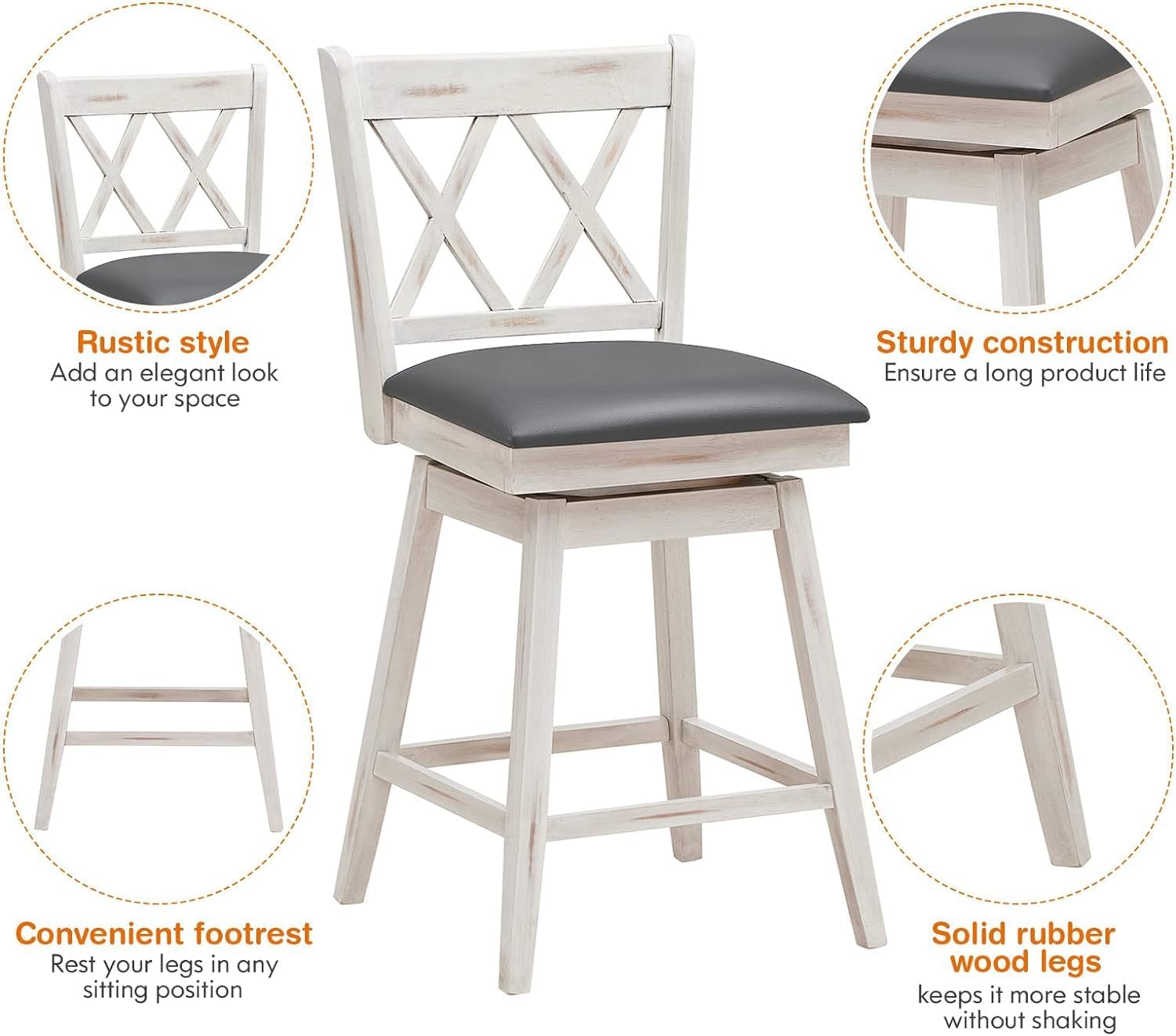 LDAILY Bar Stools Set of 2, Swivel Bar Stools 25 Inches with Upholstered Cushion & Exquisite Back, Wood Antique Farmhouse Counter Height Bar Chairs for Kitchen Island, Pub, Restaurant, Home (2, White)