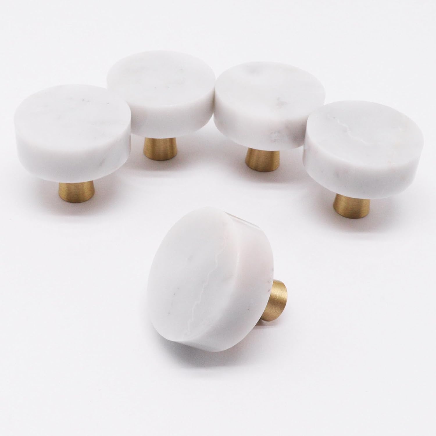 5pcs Marble Cabinet Knobs, Modern Decorative Cabinet Knobs, White Stone Brushed Brass Base Drawer Knob Handles Pull for Kitchen Bathroom Dresser (White)
