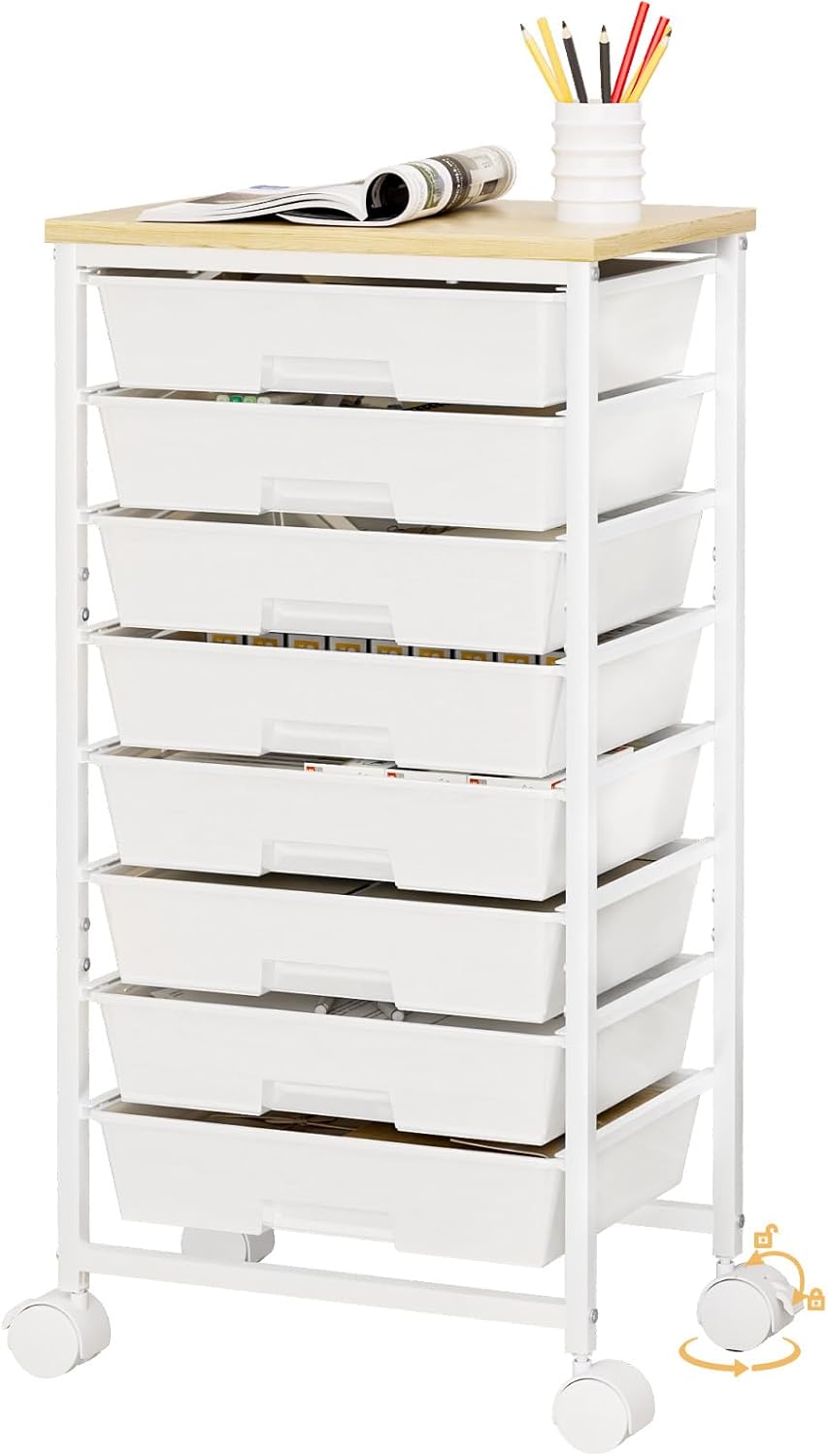 Homde Rolling Storage Drawer Cart: 8-Drawer Sort to Clear Desk & Dresser Clutter - Anti-Fall Smooth Glide Prevents Spill-Out During Daily Grab - Lockable Wheels Keep It Steady