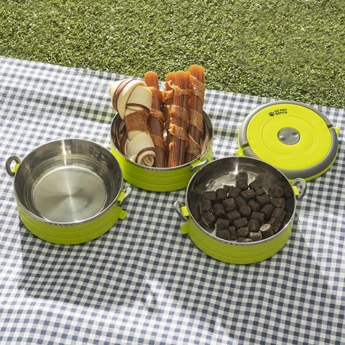 Healthy Human Travel Pet Bento Bowls - Human-Grade Stainless Steel & BPA-Free, Leak-Proof Water & Food Container Set for Dogs & Cats, 3-Pack Interlocking Bowls, Includes Spare Clips & Handle (Green)