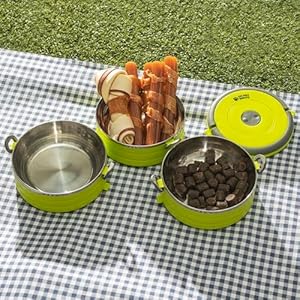 Healthy Human Travel Pet Bento Bowls Human Grade Stainless Steel BPA Free Leak Proof Water Food Container Set for Dogs Cats 2 Pack Interlocking Bowls Includes Spare Clips Handle Green