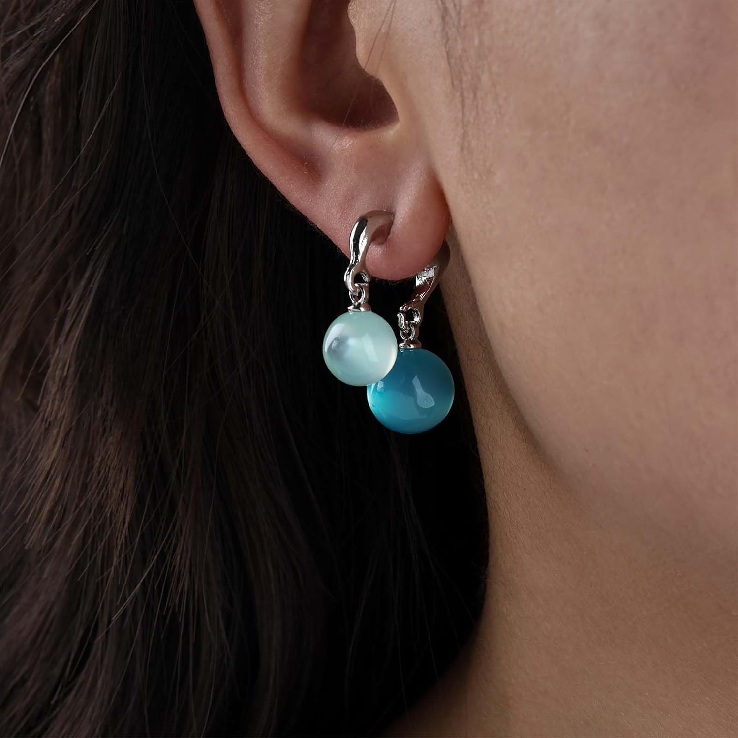 Boho Glass Bead Dangle Earrings Ball Ear Jacket Earrings Glass Ball Drop Earring Beads Double Sided Earring Blue Gemstone Dangle Front Back Jewelry for Women - Image 2