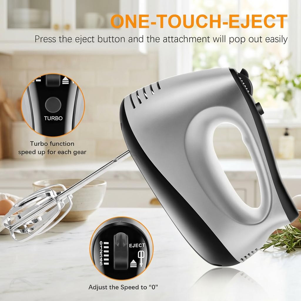 Batteur Électrique Puissant 500 W Batteur à Main avec 5 Réglages Vitesses Fonction Turbo et Bouton d'Éjection Batteur Cuisine Électrique avec Fouets et Crochets Inox Pour Gâteaux Confitures Crèmes