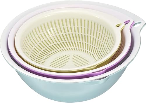 CASA -J Coladores de cocina y coladores de alimentos con cuenco 3 piezas juego de cuencos de plástico de doble capa para drenar pasta lavar frutas y