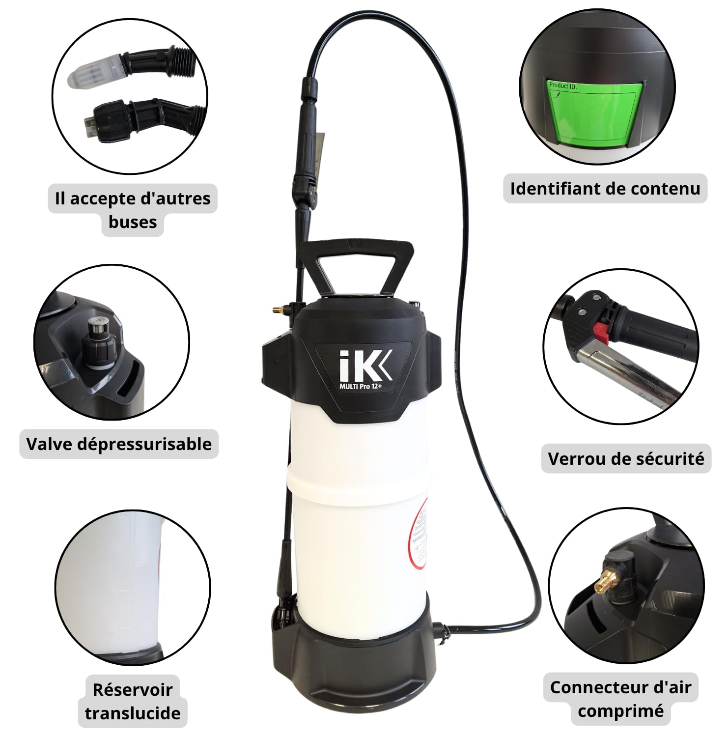 IK Multi Pro 12+ Pulvérisateur Haute Résistance avec Connecteur d'air Comprimé - Compatible avec Produits Chimiques Agressifs - Nettoyage, Construction et Désinfection - Tuyau Renforcé