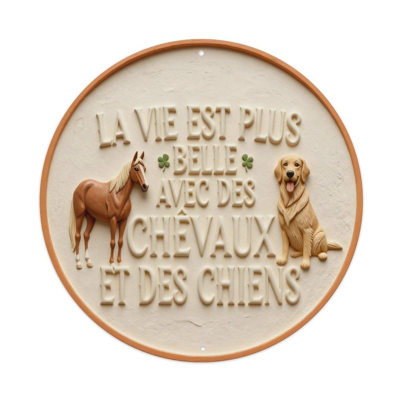 Horse And Dog With French Text On Circle Background Round Metal Tin Sign Vintage Wall Decor, Bar Garage Cafe Kitchen Home Wall Art Poster 8x8inches