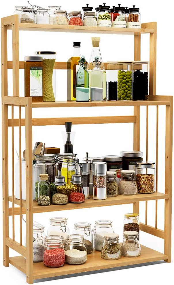 4-Tier Standing Spice Rack LITTLE TREE Kitchen Bathroom Countertop Storage Organizer, Bamboo Spice Bottle Jars Rack Holder with Adjustable Shelf, Natural Bamboo Color