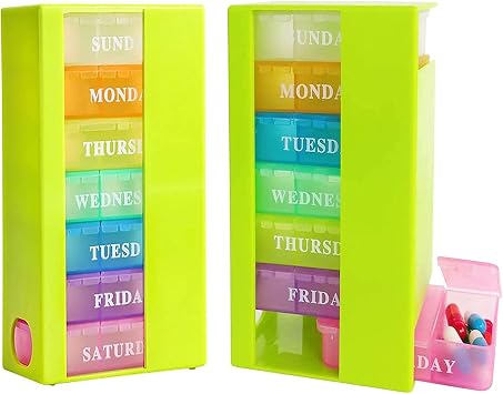 Medicine Organizer with 7 Small Pill Organizers 3 Times a Day Large Stackable Pill Dispenser for Supplement Vitamin Pills Green, 2PCS