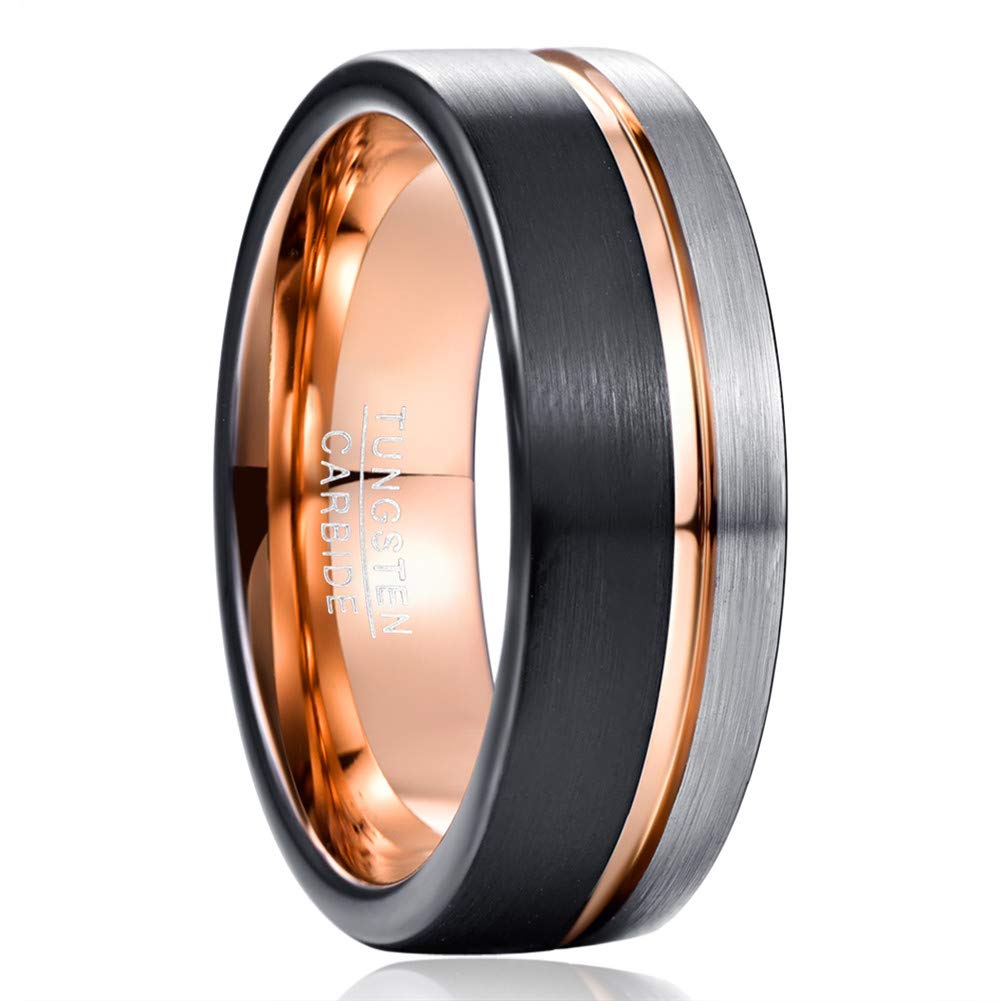 Vakki Anillo de tungsteno plateado y negro de 8 mm para hombre, anillos de boda de oro rosa con ranura acabado cepillado bordes planos, tamaño N 1/2 - X 1/2