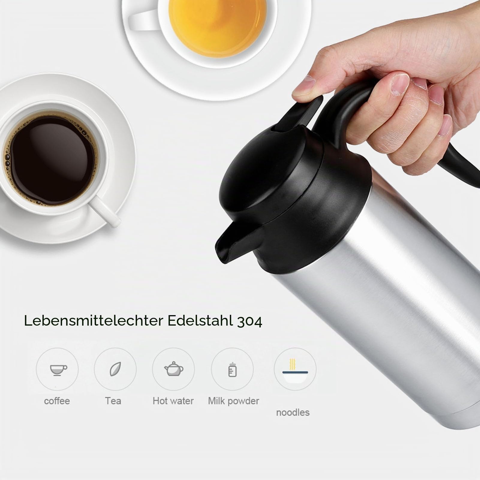 Elektrischer Wasserkocher für unterwegs, tragbar, 750 ml, 12 V, Wasserkocher für das Auto, aus Edelstahl, mit einem Heizbecher für das Auto, versiegelt, für heißes Wasser