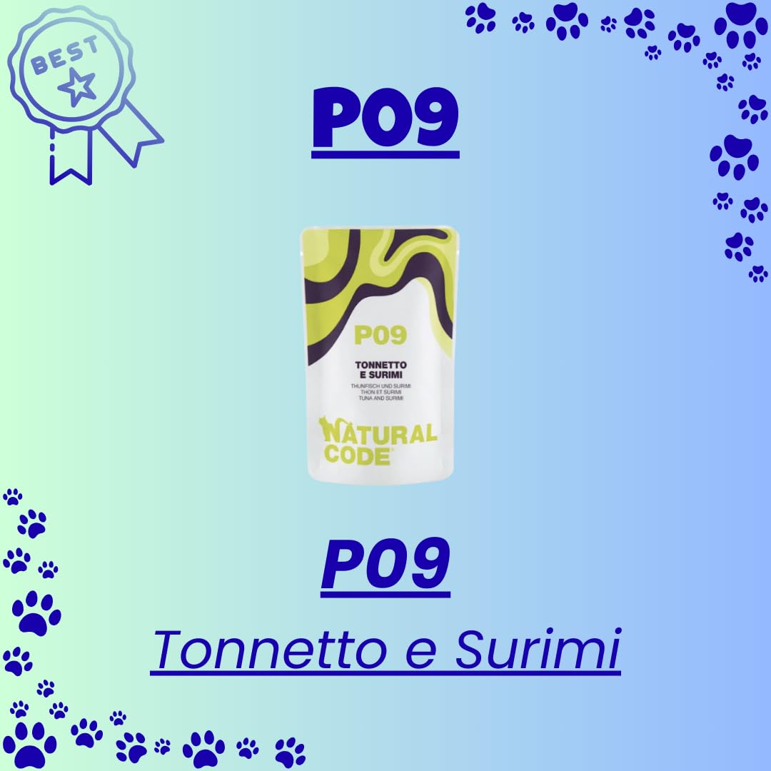 Natural Code - Alimento Húmedo para Gatos en Bolsa, Alimento Complementario para Gatos de Todas Las Tallas y Razas, Sabor Atún y Surimi, 12 Sobres de 70 Gramos