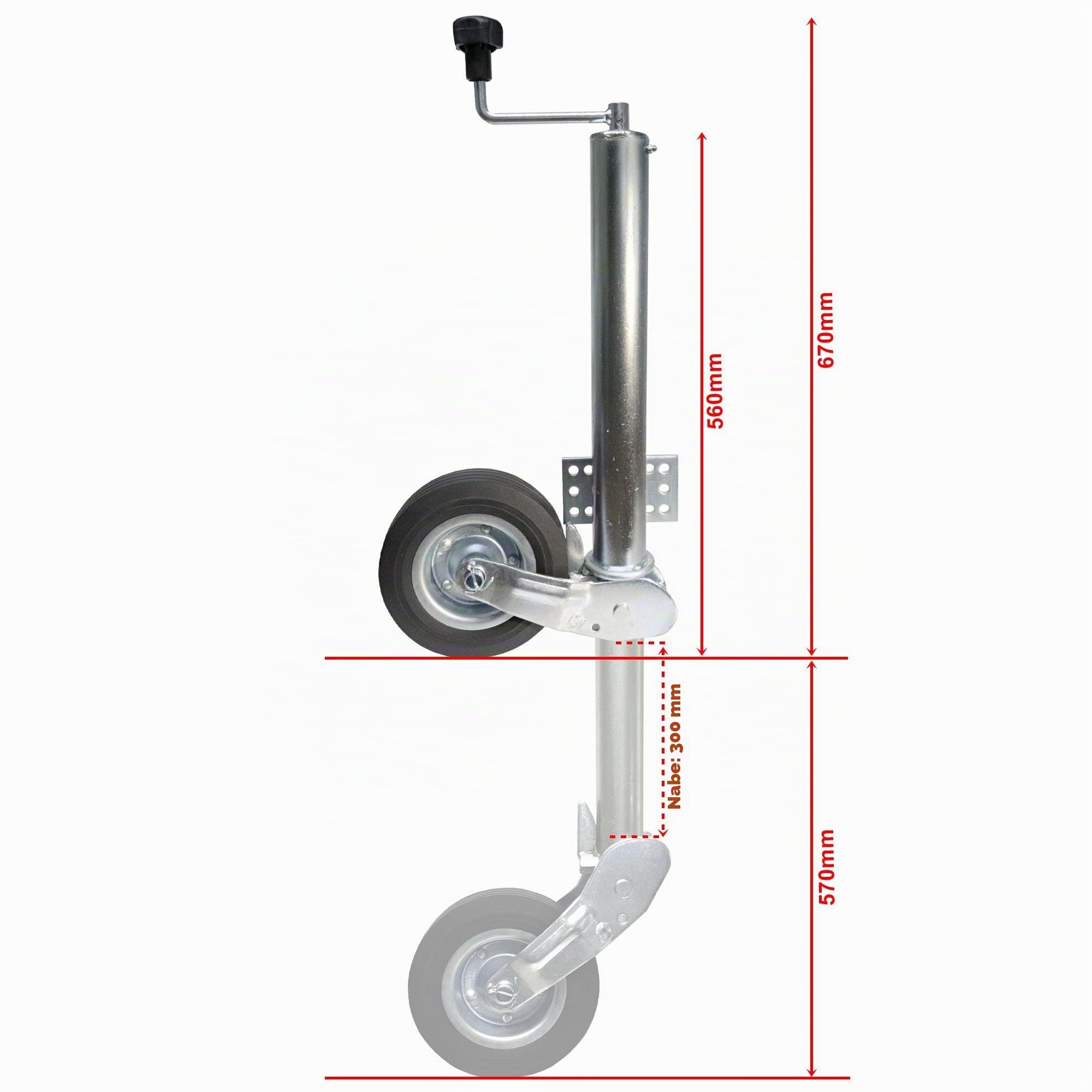 Halbautomatik-Stützrad 60mm, 400kg Stützlast mit Flansch 130x90mm direkt am Rohr