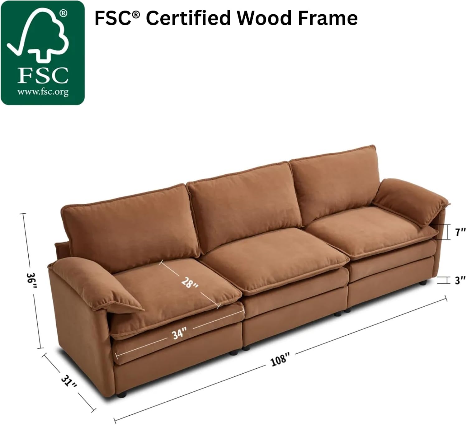 Modular Sectional Couch for Living Room, Modern Brown Cloud Couch with 3 Seat, Upholstered Modular Sofa Sectional Couches Set Fabric Floor Sofa for Bedroom Apartment and Office, Brown Velvet