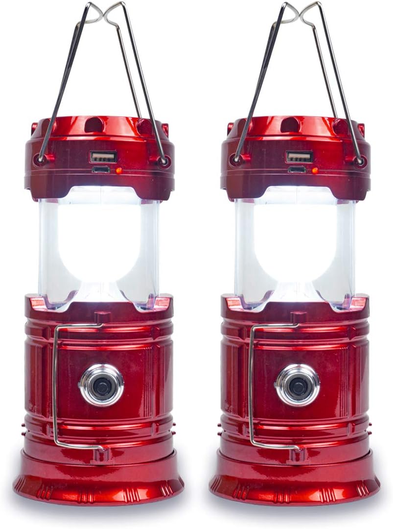 Solar Camping Lantern Rechargeable USB,COB LED Lantern Flashlight 2 Power Supply Modes Survival Kit for Emergency, Hurricane(Red 2 Pack)