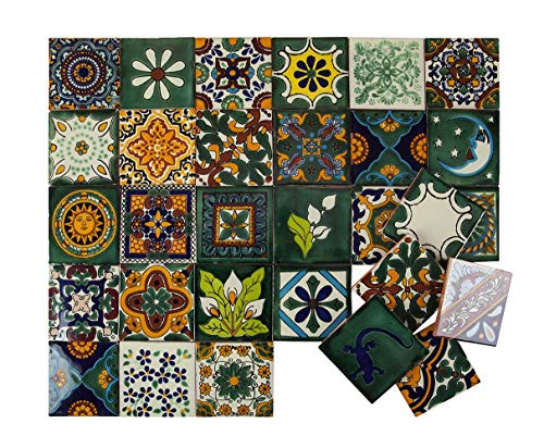 Cerames Mexican Tiles Backsplash Verde 4X4 | Pack Of 30 Handmade Tiles | Talavera Bathroom And Kitchen Splashbacks Tiles #TOP1