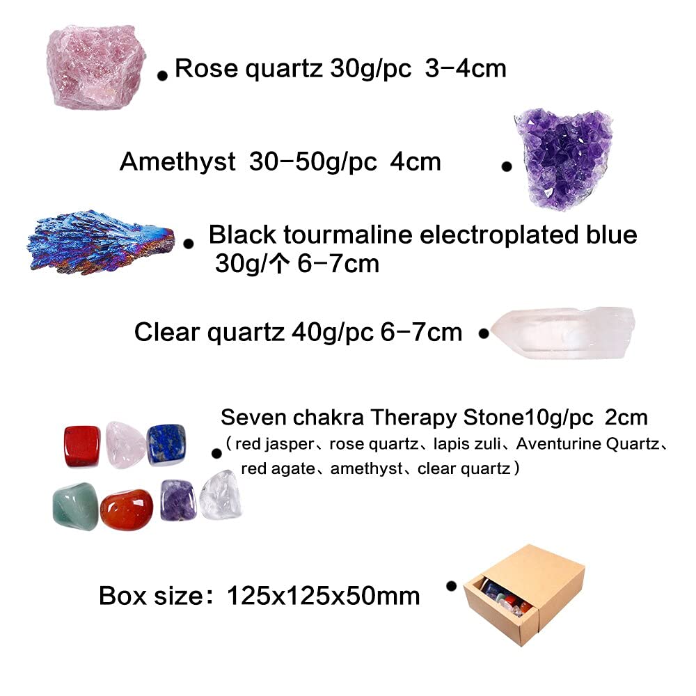 11 PCS Curación de Cristales de curación y Piedras Set de Chakra/racimo de Amatista púrpura, Cuarzo de Rosa y Piedras Preciosas de Cuarzo Transparente, 7 Piedras caídas (Color : Box)