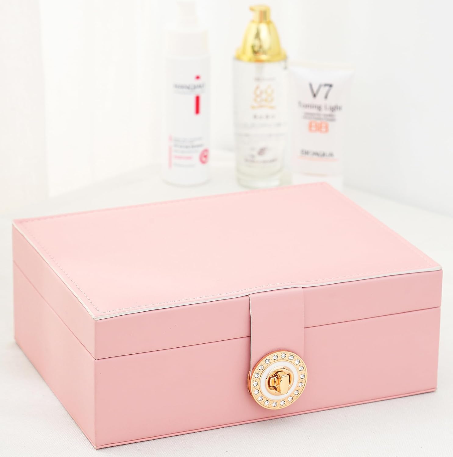 Earrings Jewelry Box for Girls, Large Capacity Jewelry Organizer with 40-Pair Earring Board, 2-Layer Leather Jewelry Storage Box for Necklaces Rings Bracelets with Removable Tray(Gift Idea),Pink - Image 3