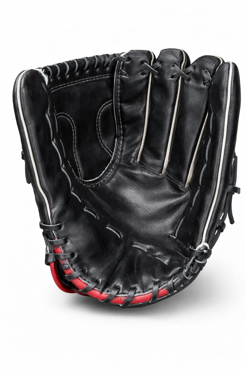 NLW Baseball Glove, Black Leather, Red Trim, Craftsmanship, Double Reinforced Stitching