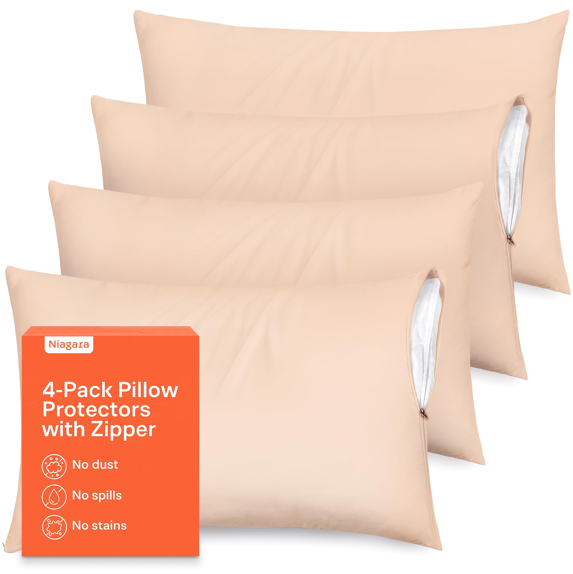 Niagara 4 Pack of Pillow Protectors with Zipper, Queen Size, Effective Dust Protection, Quiet, Stay in Place Pillow Covers, Breathable Case for Pillow Lifespan Extention (20x30 Inches, Beige)