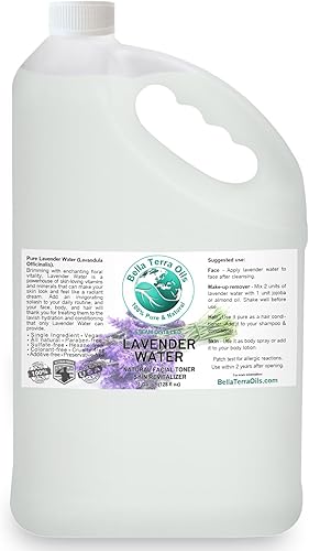 Bella Terra Oils Hidrosol de agua de lavanda de primera calidad, 1 galón, destilado al vapor, tónico refrescante para la piel, aroma relajante,