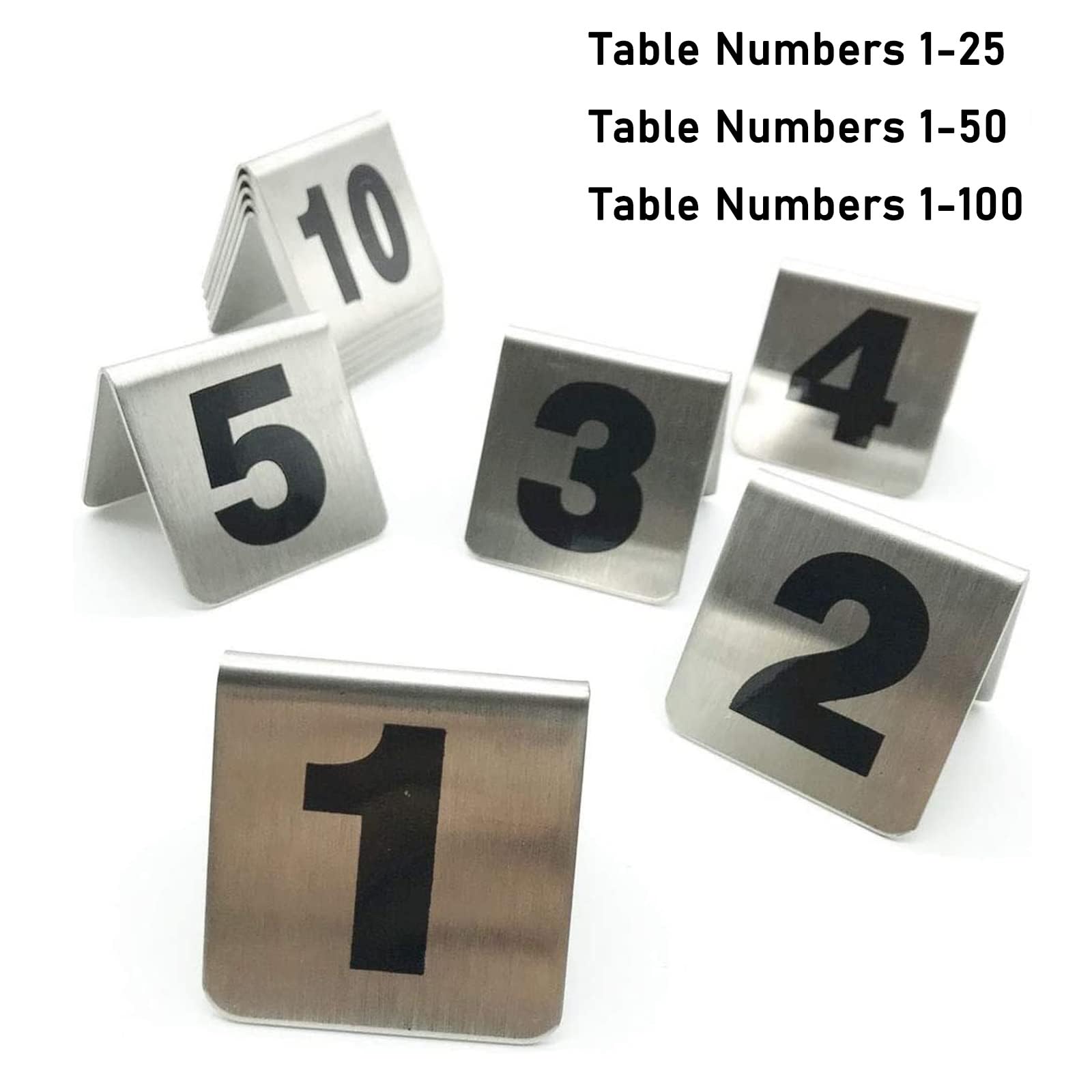 Placas de números de mesa, estilo tienda de campaña de metal en forma de V, apilables, tarjetas de lugar de restaurante 1-25, disponibles en 25, 50 o 100 opciones de paquete para organización de