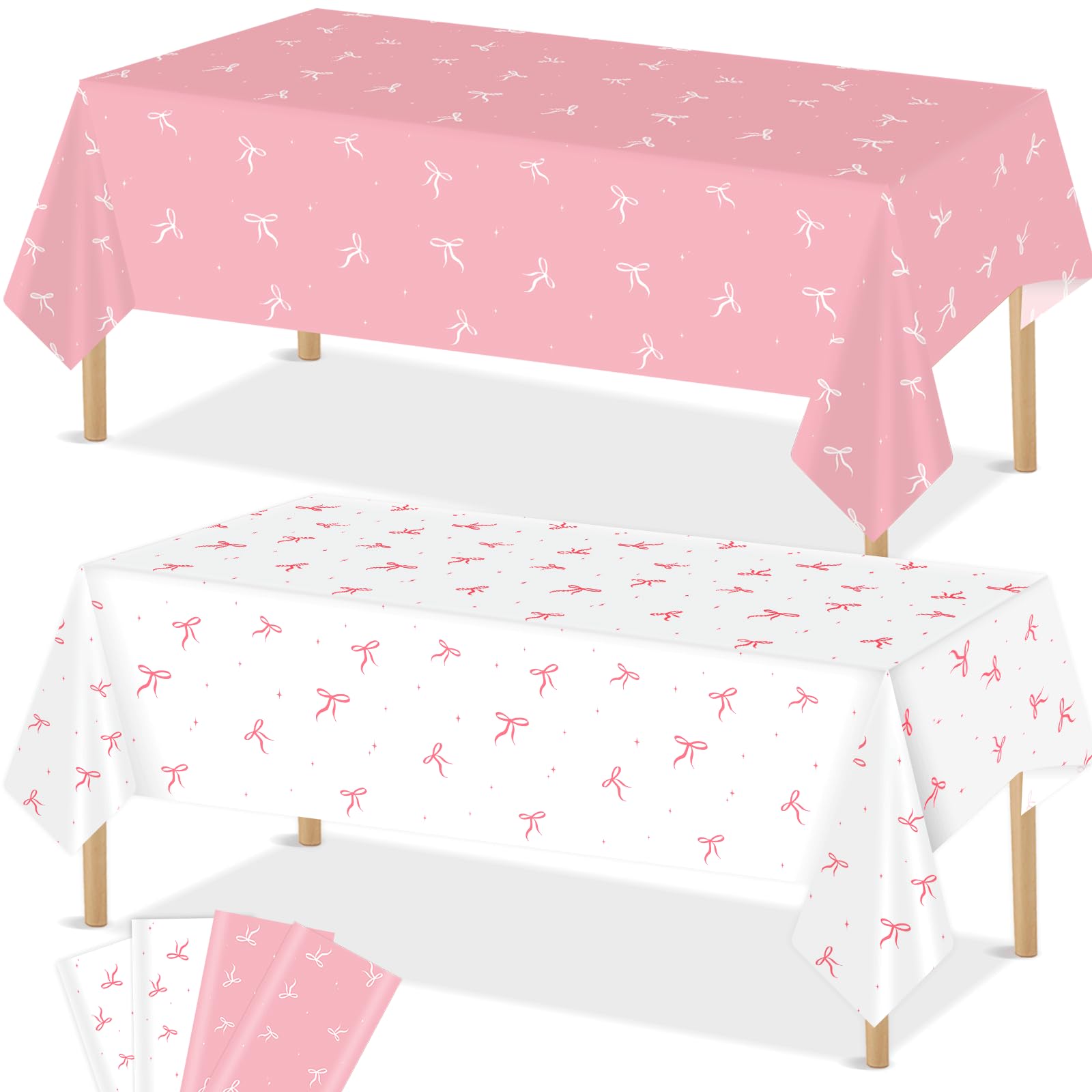 4 Pieces Pink Bow Tablecloths Theme Tablecover for Birthday Party, Girl Bachelorette, Bridal Baby Shower, Coquette Party - Plastic Disposable Rectangle Table Covers Decorations Supplies
