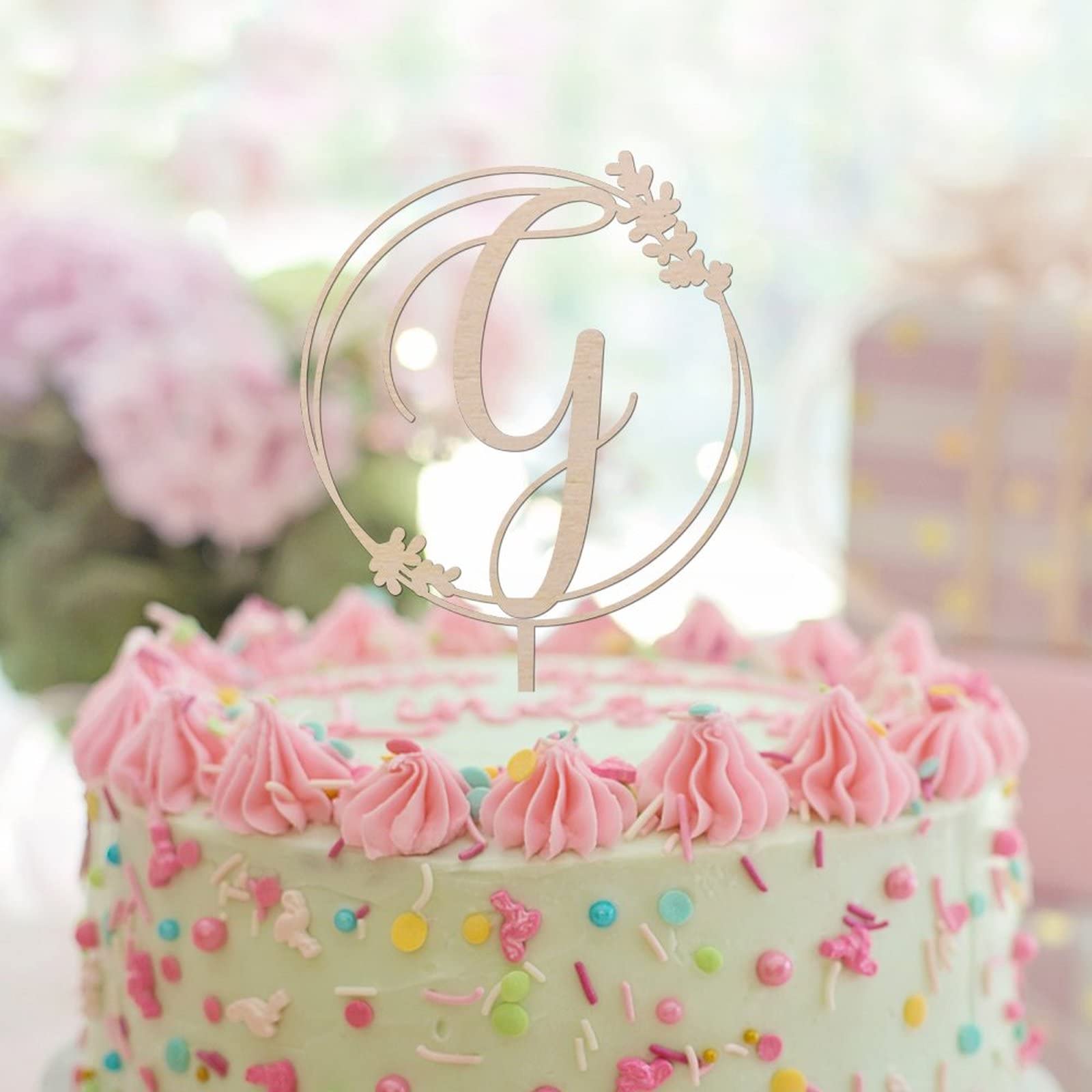 Custom Initial Floral Wreath Cake Topper - Rustic Wood Letter Wedding Birthday Cake Decor