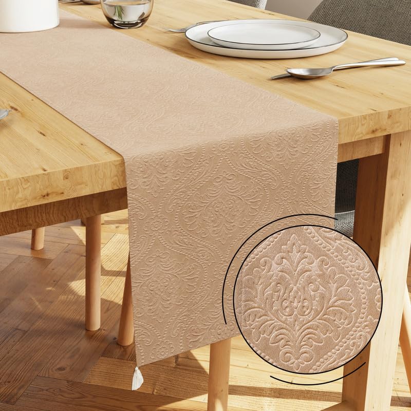 Encasa XO 4 Seater Dining Embossed Velvet Table Runner | Size 32x150 cm | Beige Color with Premium Polyester - Machine Washable (B0D298GC2D) Amazon Price History, Amazon Price Tracker