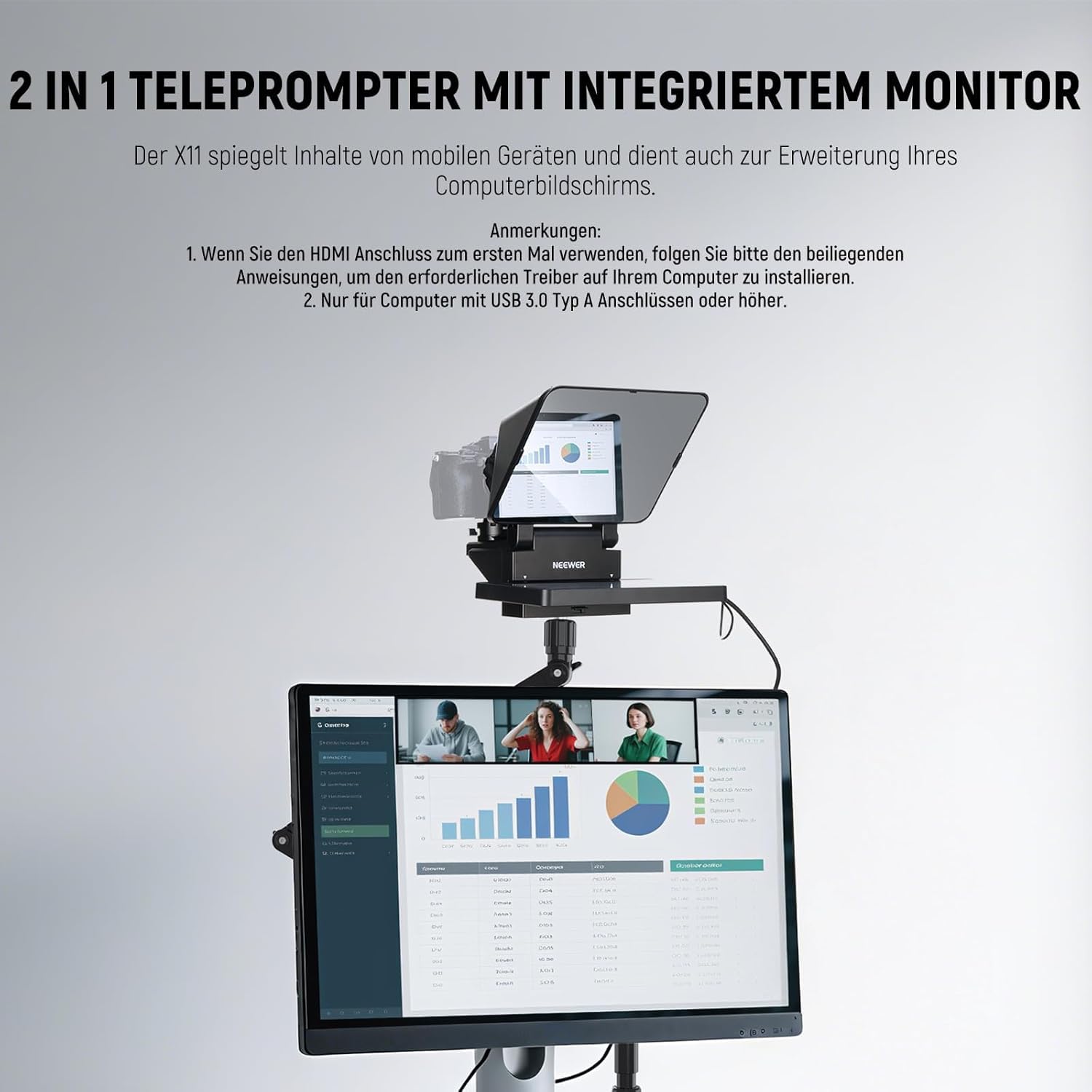 NEEWER 2 in 1 Teleprompter 11 Zoll mit Monitor für Windows MacOS, Unterstützt Bildschirmspiegelung, Tragbarer Prompter für Kamera Mobiltelefon Webcam für YouTube Twitch Live Streaming Konferenzen, X11