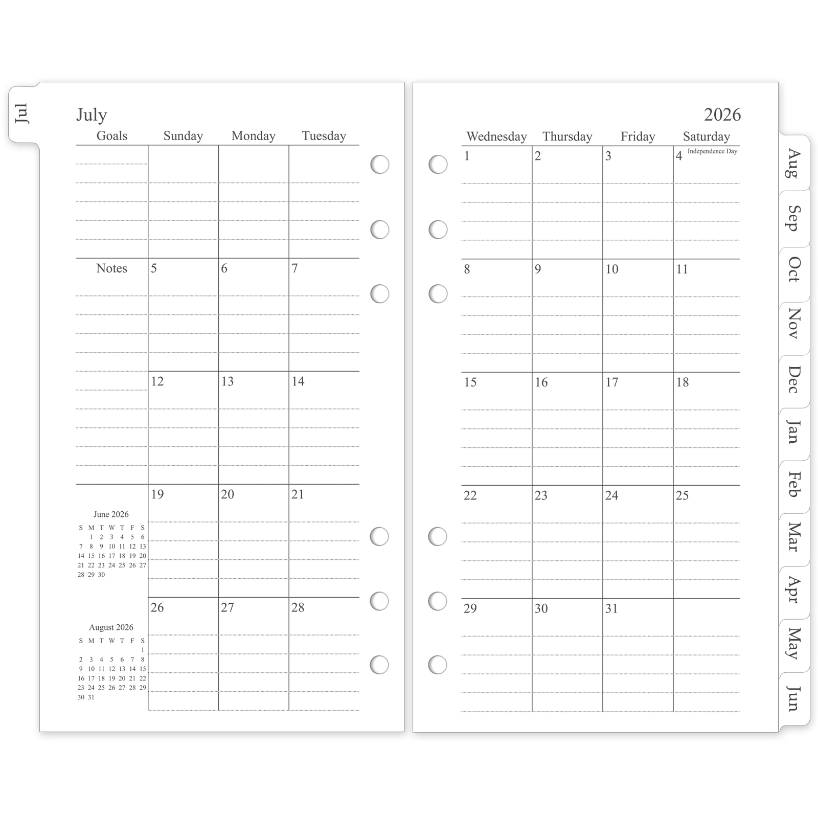 2026-2027 Monthly Planner Refill, A6 Small Size Planner Inserts for 6 Ring, 3.8"x6.8", Jul. 2026 - Dec. 2027, 18 Monthly Calendars with Laminated Tabs, 6-Hole Punched