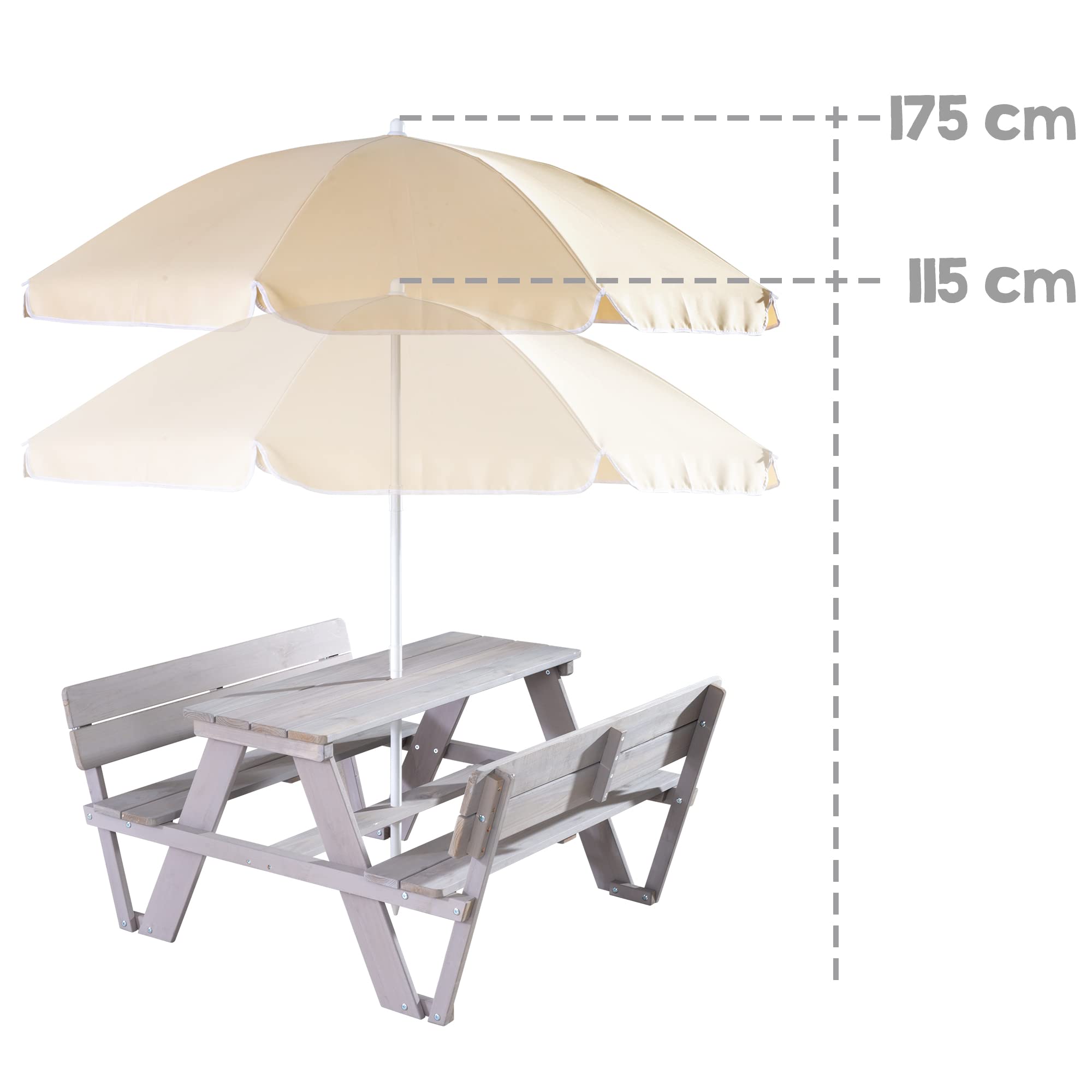 roba Table Pique-nique Enfants Outdoor + avec Dossier - Bois Massif + Coussins - Table d'Extérieur 4 places - Gris