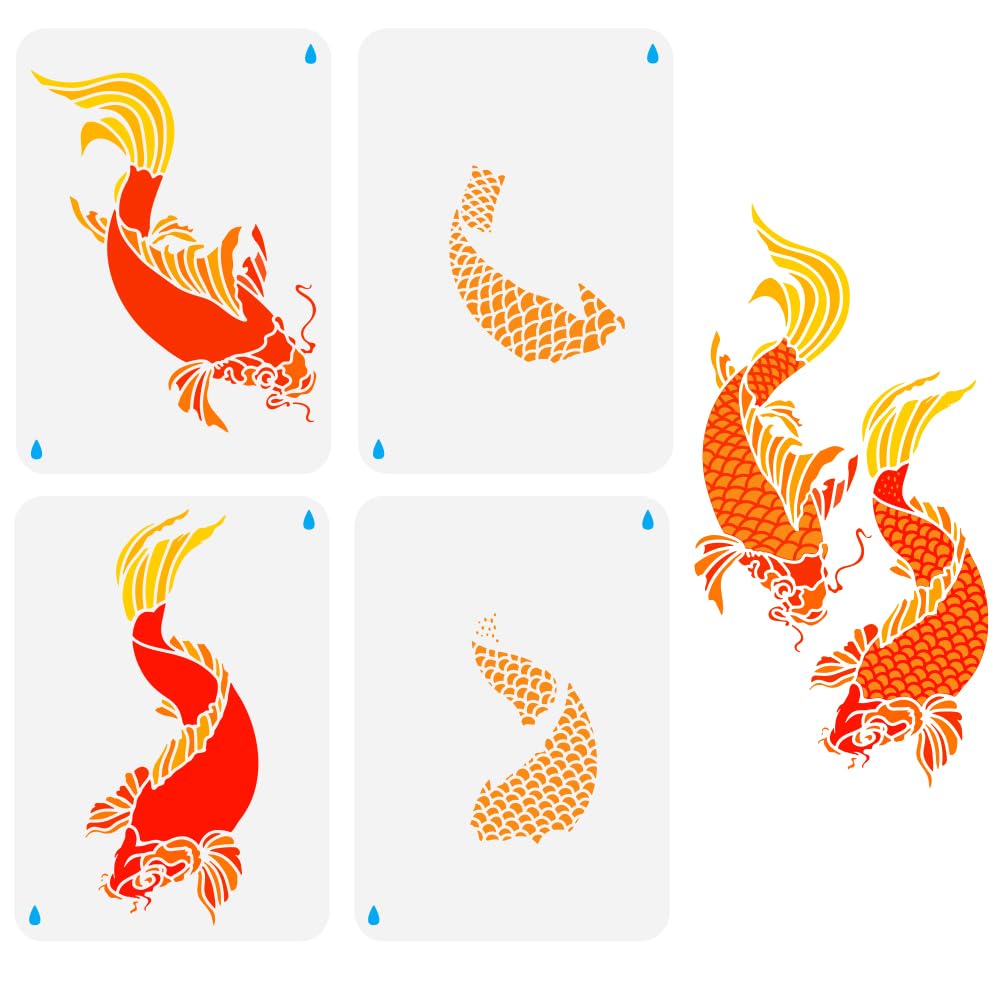 FINGERINSPIRE 4PCS Layered Koi Fish Stencils for Painting 21x29.7cm Large Reusable Drawing Templates Animal Theme for Wood Fabric