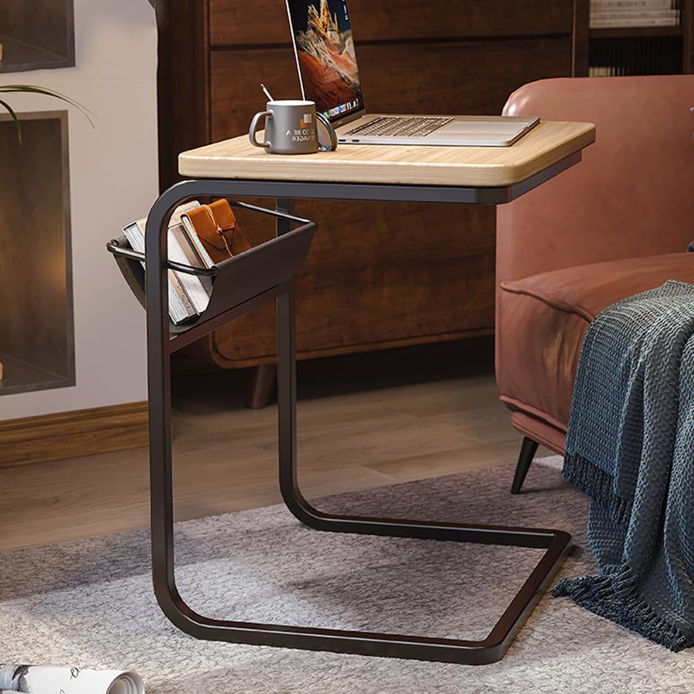SXZenSpace Modern Rectangle Side Table with Storage Basket, Sofa Tray End Metal Frame,Couch Tables That Slide under for Living Room, Bedside,wood