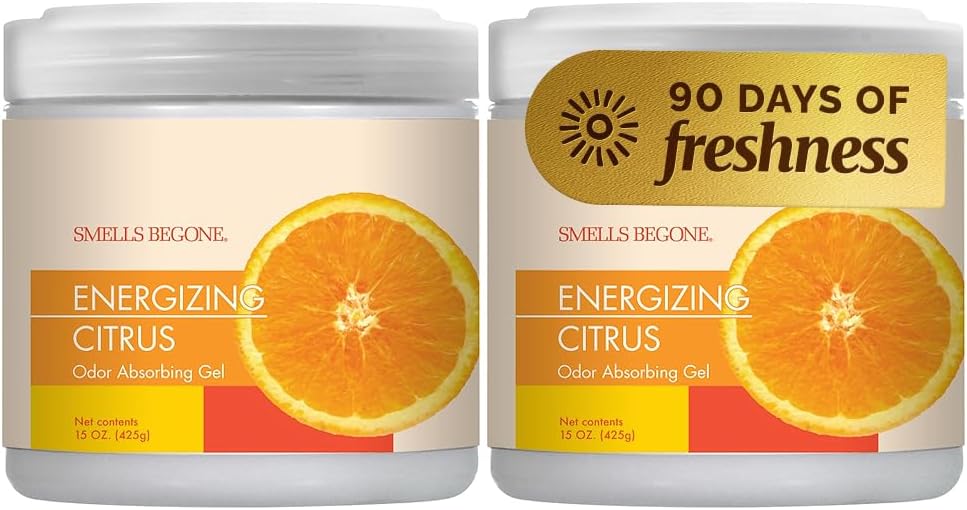 Air Freshener Odor Absorber Gel - 15 oz, Pack of 2 - Absorbs and Eliminates Odor in Pet Areas, Bathrooms, Cars, & Boats - Made with Essential Oils - Energizing Citrus Scent